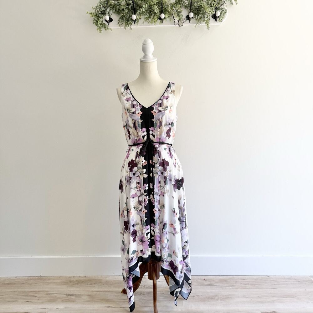 White House Black Market Purple Floral Handkerchief Belted Midi Dress Size 6 KG